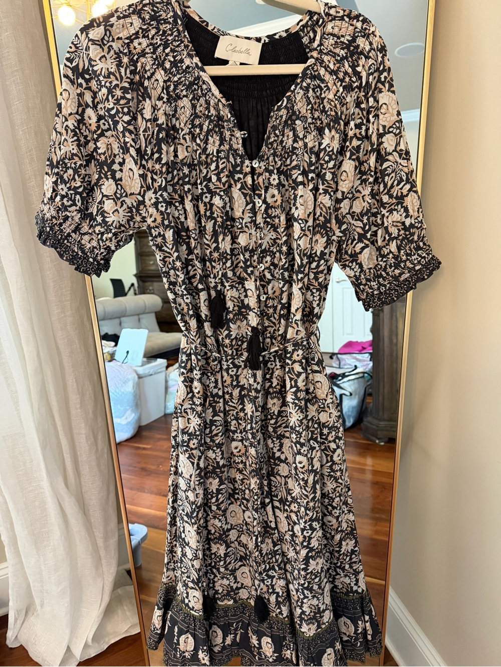 Cleobella - Black and White Floral Midi Dress with Puff Sleeves - Picture 2 of 3